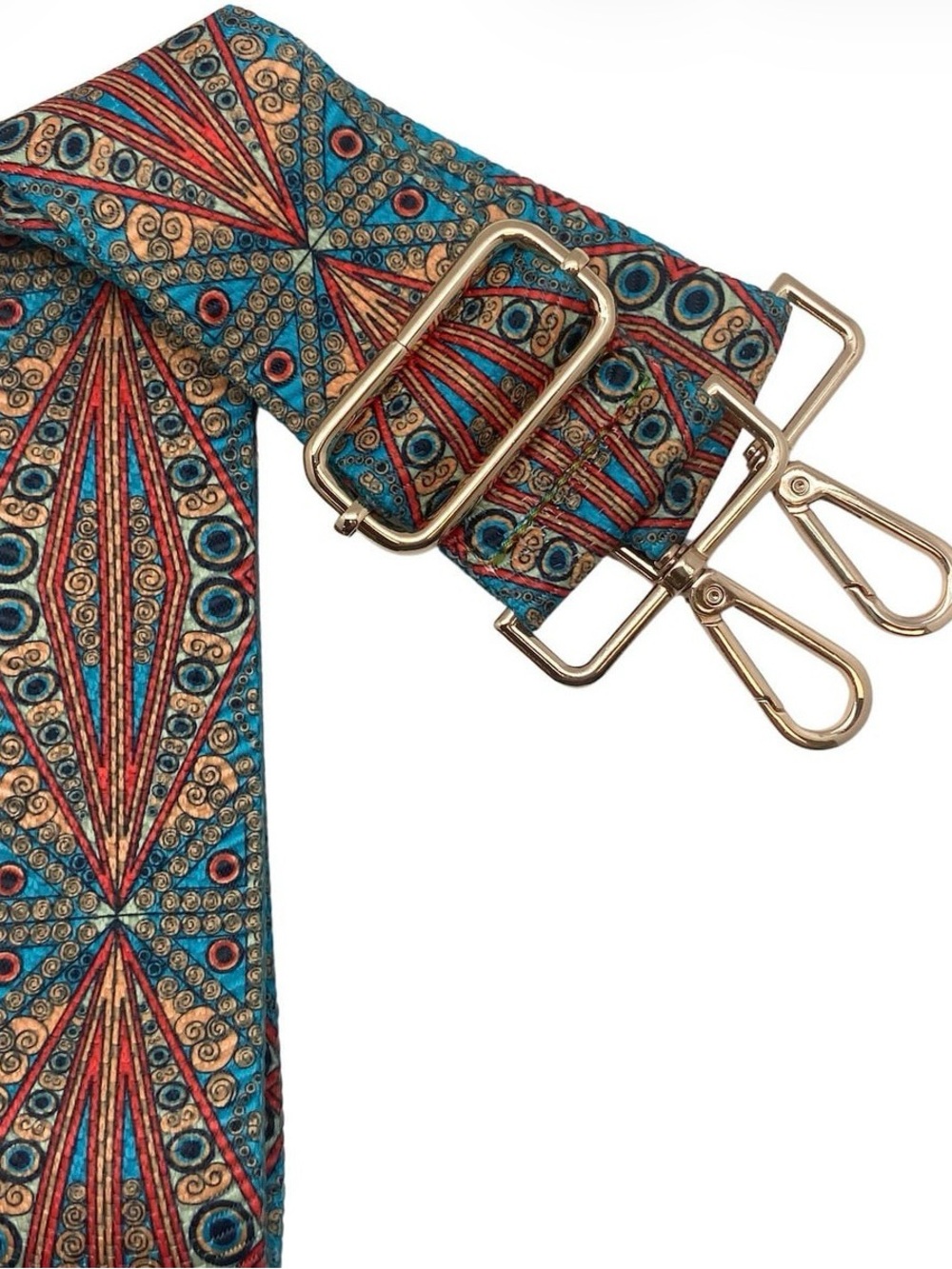 Decorative Teal and Red Adjustable Strap with Gold Hardware